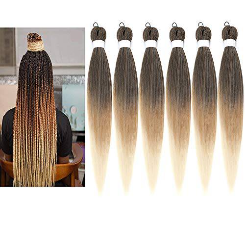 Newluyang Ombre Pre Stretched Braiding Hair,Top Silky Color Blend Synthetic Fiber Easy Braid Hair Extensions,26inch 6packs three Color Yaki Texture Crochet Hair Braids（Black-Brown-Blonde/1B-27-613)