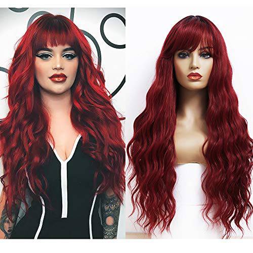 ANDRIA Ombre Red Wigs Natural Wave Wig with Bangs Burgundy Wine Red Wig Dark Roots Red Wig Long Wavy Loose Curly Wig Heat Resistant Synthetic Fiber Red Colorful Wigs Cosplay Party Wigs for Black Women