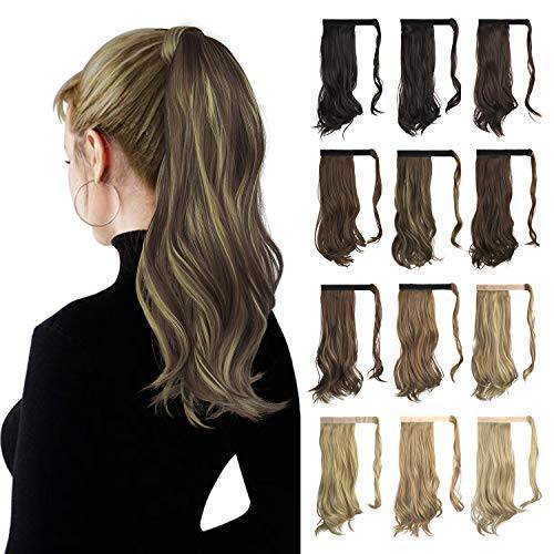 Sofeiyan Curly Ponytail Extension 15 Inch Heat Resistant Synthetic Natural Wavy Hairpiece Wrap Around Pony Tail Hair Extensions for White Black Women Hair Piece, Light Auburn Brown Highlighted Pale Golden Blonde