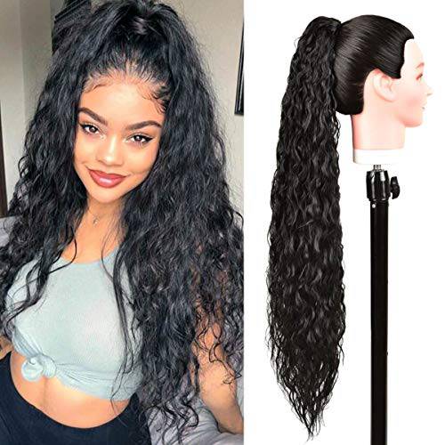 BHF 30inch Long Curly Drawstring Ponytail Extension, Heat Resistant Synthetic Clip in Natural Wave Ponytail Hair Pieces For Women 1B（Natural Black） (1B)