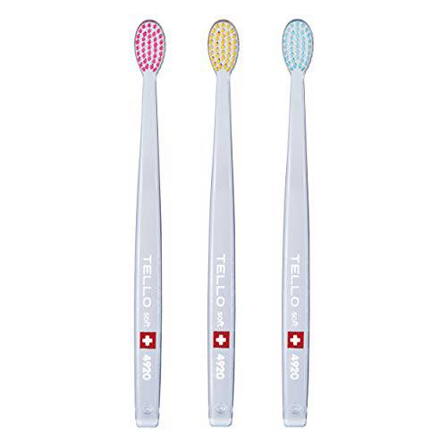 Tello 4920 Adult Soft Swiss Toothbrush for Gentle Cleaning with Ergonomic Handle, 3 Count
