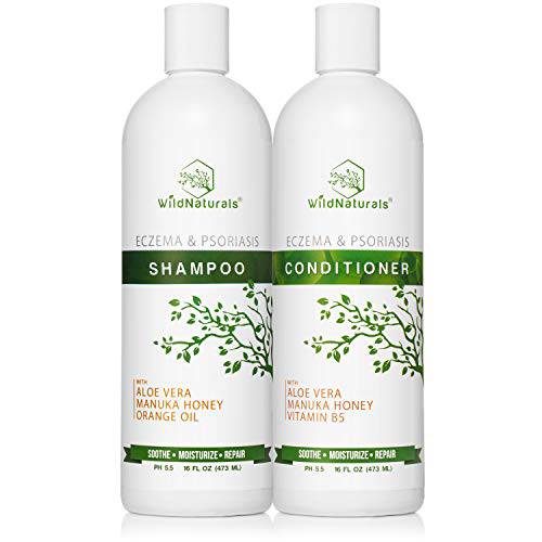 Wild Naturals Eczema Psoriasis Shampoo - Conditioner Set 16oz, 98% Natural, 80% Organic, Sulfate Free, Soothing Anti Dandruff, Flaky, Itchy, Dry Scalp Treatment for Seborrheic Dermatitis, Damaged Hair