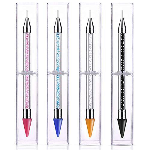Onwon 4 Pcs Dual-Ended Nail Rhinestone Picker Wax Silicone Tip Pencil Pick Up Applicator Dual Tips Dotting Pen Beads Gems Crystals Studs Picker with Acrylic Handle Manicure Nail Art Tool