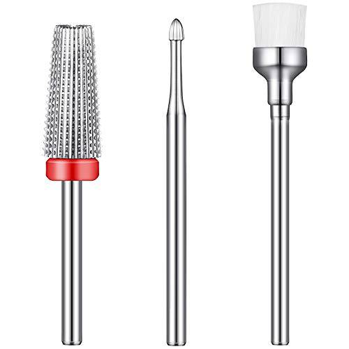 3 Pieces Nail Drill Bits Set, Fine Grit Nail Carbide 5 in 1 Bit 2-Way Rotate Use for Left Right Hand Acrylic or Hard Gel Remover, Silver-Snake Head Gel Nails Cuticle Clean Nail Carbide Bit, Brush Bit