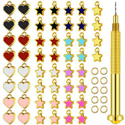 113 Pieces Dangle Nail Piercing Charms Set, Nail Art Piercing Tool Hand Drill and Colored Hearts Stars Rings Jewelry Rings for Tips, Acrylic, Gels Decorations, Colored Hearts and Stars (Chic Color)