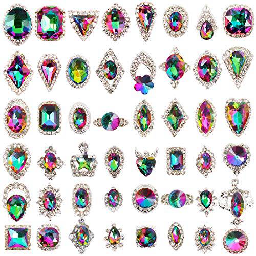 48pcs Big Mix Sizes Different Shape Colorful AB Iridescent 3D Crystals Diamonds Large Rhinestones Bow Silver Metal Charms Gems Stones for Nail Art Beauty Design Decoration Craft Jewelry DIY