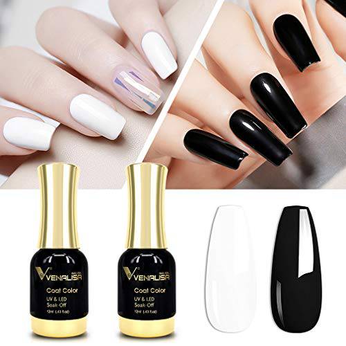 VENALISA 2Pcs Black White Gel Nail Polish Kit, Nail Gel Polish Set Soak Off UV LED Nail Art Starter Manicure Salon DIY at Home