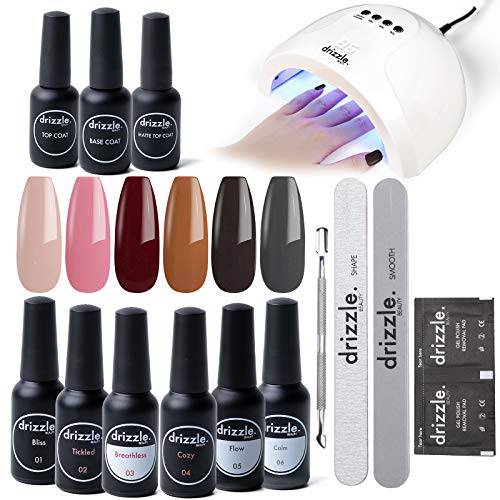 DRIZZLE. BEAUTY Gel Nail Polish Kit with 24/48W UV LED Light Lamp Dryer, 6 Colors Gel Polish Starter Set with 3 Pcs Top Coat Base Gel 50 Pack Remover Pad Manicure Tools…