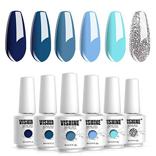Vishine Blue Turquoise Navy Blue Gel Nail Polish Sets Glitter Gel Polish Kit Soak Off LED Required Nail Gel Polish 8ml
