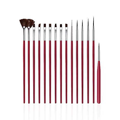 SQULIGT 15 Pcs Nail Art Acrylic Brush Set Painting Pen Art Salon Brush Tools Nail Decoration Kit (Red)