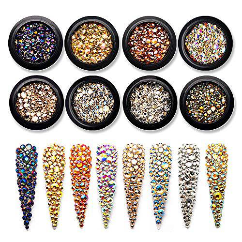 Hisenlee Mixed size Glass Gems Nail Rhinestones FlatBack Crystals Special Color Nails Accessories For Nail Art Decorations Set Of 8