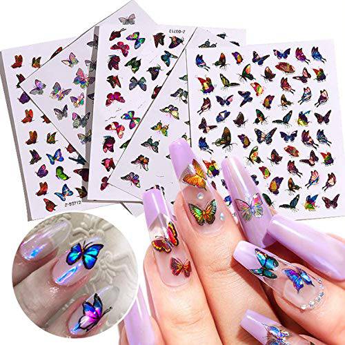 Butterfly Nail Art Stickers Decals 8Sheets Laser Butterfly Nail Decals Nail Art Supplies 3D Self-Adhesive Colorful Butterfly Nail Stickers for Women DIY Acrylic Nail Art Decorations Designs