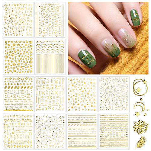 12 Sheets Gold Nail Art Stickers, EBANKU 3D Star Moon Gold Nail Sticker Self-Adhesive Metal Strip Line Laser Nail Stickers for Acrylic Nail Art Design