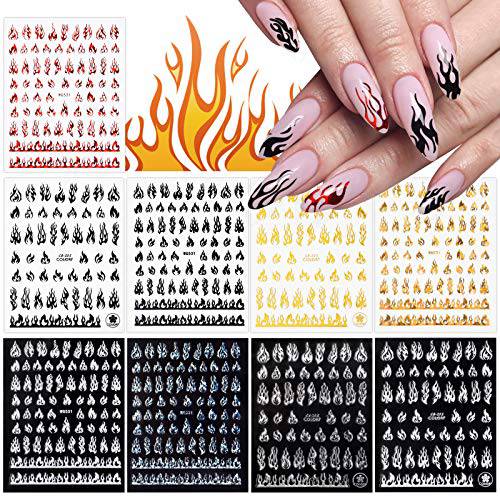 9 Sheets Flame Nail Stickers Decals, TOROKOM 3D Holographic Self-Adhesive Fire Nail Decals White Black Silver Gold Red Flame Nail Art Stickers Nail Art Supplies for Nail Decor