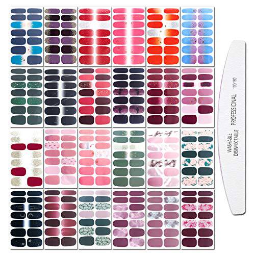 JERCLITY 24 Pcs Nail Polish Strips Stickers Full Wraps with Solid Or Gradient Color Design Nail Art Press On Decals Strips for Women and Girls with 1 Pc Nail File