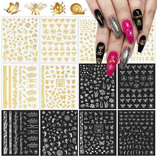 TOROKOM 12 Sheets Bees Nail Decals, 3D Bee Stickers for Nails Dandelion Nail Decals Insect Ladybug Flowers Plants Jellyfish Nail Supply Stickers for DIY Nail Designs (Gold and Silver)