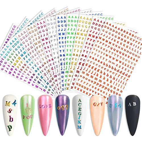 12 Sheets Letters Nail Stickers, EBANKU Alphabet Nail Stickers Holographic Small Tiny Letter Nail Stickers, 3D Colors Laser Letter Self-Adhesive Nail Decals for Nail Art Decor