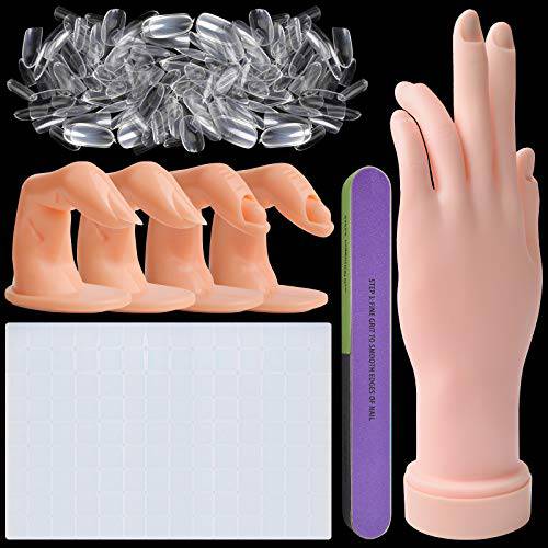 EBANKU Nail Hand Practice for Acrylic Nails, Manicure Practice Hand & Fingers Flexible Bendable Manicure Hand with 500PCS False Nail, Nail Clay & Nail Files for Nail Art Training Tools (Clear)