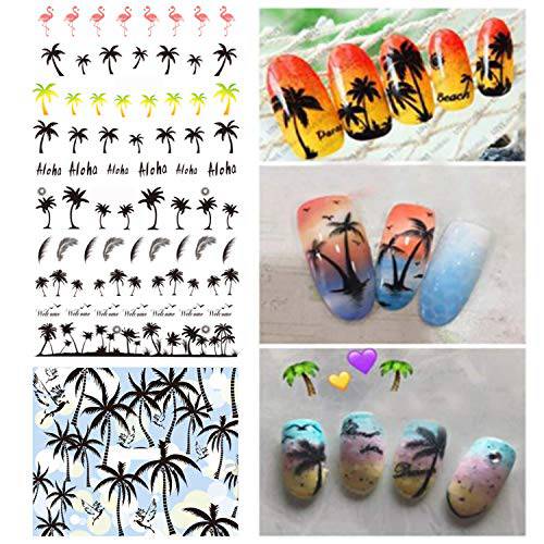 3 pcs Summer Style Coconut Trees Beach Shoes Nail Water Decals Transfer Stickers Black Feather Leaves Nail Art Stickers Tattoo Decal