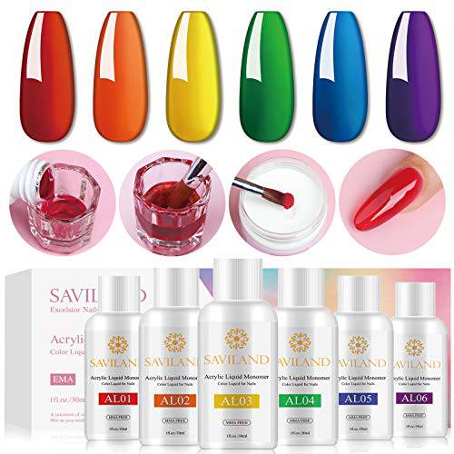 Saviland 6 Color Acrylic Liquid Monomer Set - 180ml Color Acrylic Monomer for Acrylic Powder, DIY Colorful Acrylic Nails Extension, Non-Yellowing Formula, MMA free