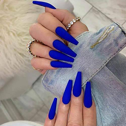 Funyrich Long Coffin Press on Nails Blue Fake Nails Ballerina Matte Full Cover Artificial False Nail for Women and Girls (24 Pcs)