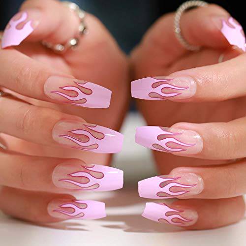 Outyua Flame Extra Long False Nails Coffin Pink Glossy Press on Nails Fire Fake Nails Ballernia Acrylic Nails for Women and Girls 24Pcs