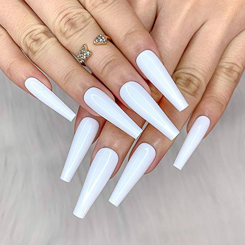 Artquee 24pcs White Pure Color Ballerina Long Coffin Glossy Fake Nails Press on Nail False Tips Manicure for Women and Girls