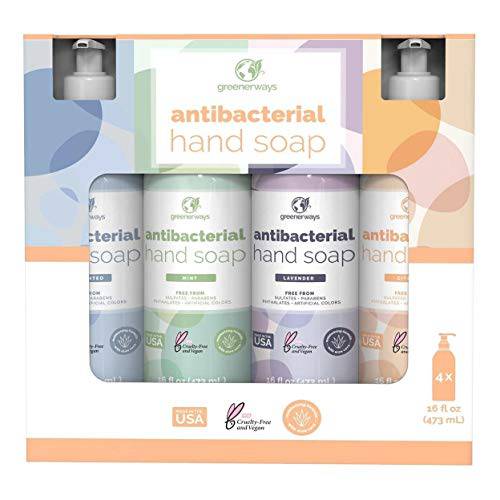 Greenerways Antibacterial Hand Soap | Made in USA | Citrus, Lavender, Mint & Unscented 4Pack | Sulfate-Free, Paraben-Free, Cruelty-Free, Vegan Hand Wash | 16 Fl Oz