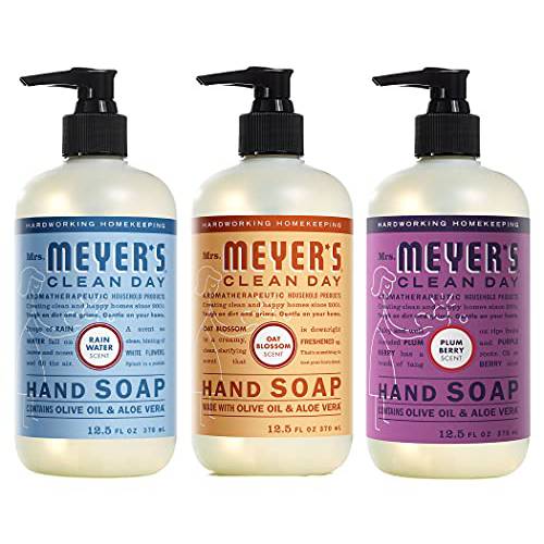 Mrs. Meyer’s Clean Day Liquid Hand Soap Variety Pack, 1 Rain Water Scent Hand Soap, 1 Oat Blossom Scent Hand Soap, 1 Plum Berry Scent Hand Soap, 12.5 FL OZ (3 CT)