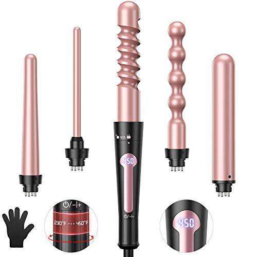 USHOW Curling Iron, 5 in 1 Curling Wand Set, Instant Heat Up Hair Curler with 5 Interchangeable Tourmaline Ceramic Barrels (0.35 to 1.25), LCD Heat Display, 12 Adjustable Temperature, Include Glove