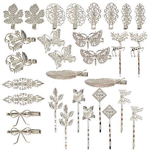 inSowni 30 Pack/15 Pairs Retro Vintage Metal Silver Alligator Hair Clips Barrettes Bobby Pins Leaf Flower Butterfly Accessories for Women Girls
