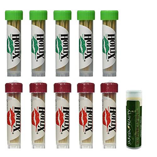 HOTLIX TOOTHPIX Cinnamon & Mint Toothpicks .16 oz (14-16 stix per tube) Variety Set - 5 Tubes of Each (10 Tubes Total) with a Jarosa Bee Organic Peppermint Lip Balm by Jarosa Gifts