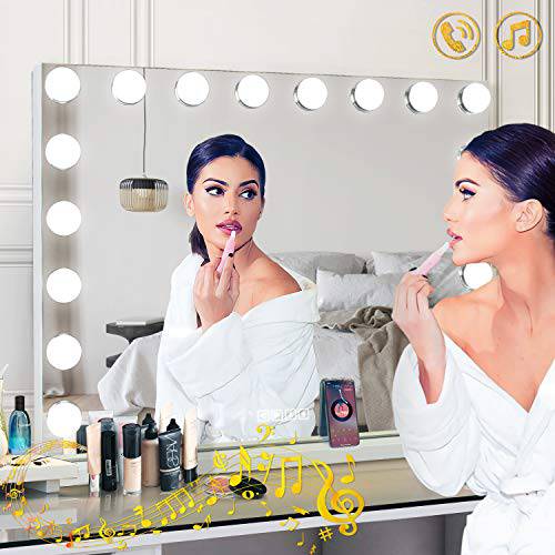 Hansong Vanity Mirror for Makeup Bluetooth, Extra Large Hollywood Lighted Mirror with 18 Dimming LED Bulbs Smart, Tabletop/Hanging Cosmetic Mirror with Touch Screen & USB Charging Port & Speaker