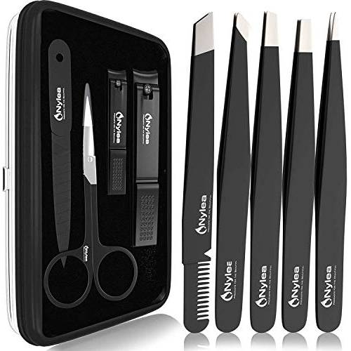 Nylea Professional Tweezers Set and Nail Clippers for Men and Women [Perfect Alignment / Grip] Best Precision Stainless Steel Kit for Ingrown Hair Eyebrows Facial Hair Splinter and Eyelashes 9pcs