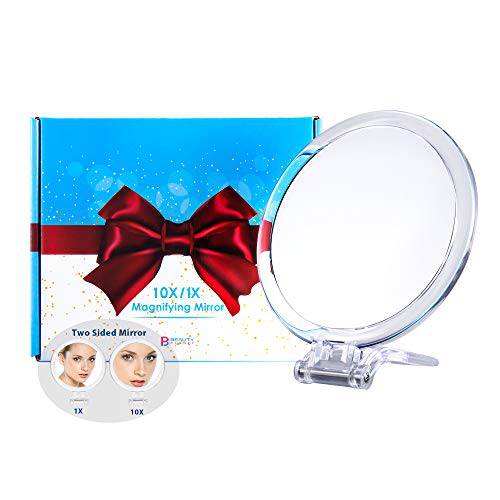 B Beauty Planet Handheld Magnifying Mirror with Foldable Handle Double Sided 1x 10x Magnification, 6 Hand Held Magnified Mirror with Stand for Women