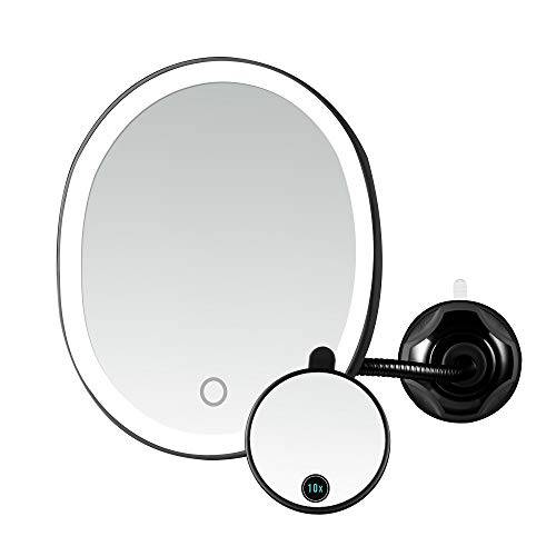 Ovente 8.5’’ Lighted Makeup Mirror, Rechargeable Swivel Gooseneck with Attachable Suction Cup Mount, 10X Magnetic Mini Magnifier, Dimmable LED, For Bathroom, Home & Travel, USB Powered, Black MOW22B