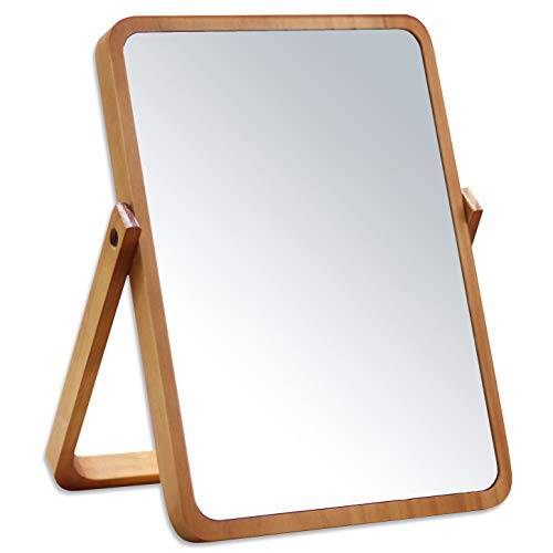 Vertical Wood Vanity Table Mirror Stand Makeup Mirror Swivel at Multiple Angles for Bedroom Living Room and Makeup Desk