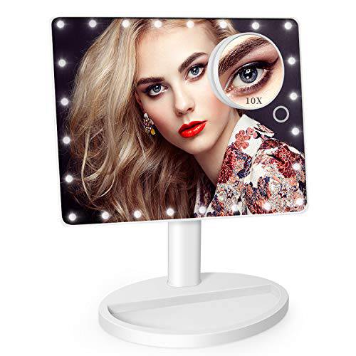 12 Large Vanity Makeup Mirror with Lights and 10x Magnification Small Mirror,Touch Adjustable Brightness LED Makeup Mirror Dual Power,360°Rotation Tabletop Desk Lighted Make up Mirror with Stand