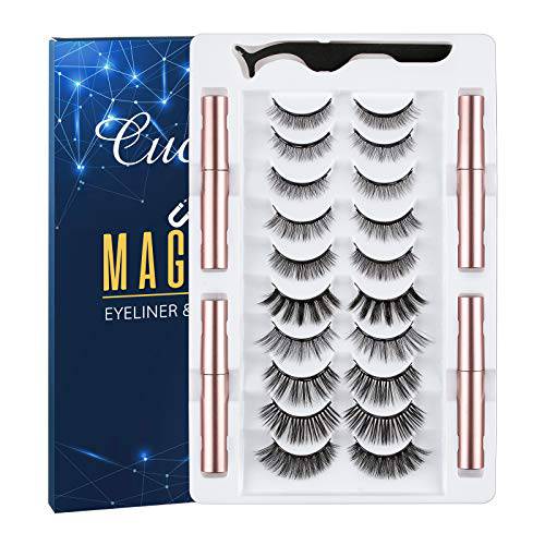 Magnetic Eyelashes with Eyeliner Kit,Cuckoo 3D Reusable False Magnetic Eyelashes Natural Look,10 Pairs Magnetic Eyelashes with 4 Tubes of Magnetic Eyeliner,False Eye Lash Set