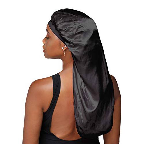Snatched Flames Double Layered Satin Long Bonnet for Women with Braids, Dreadlocks, Wigs, or Natural Hair+Includes Satin Scruchie (Black)