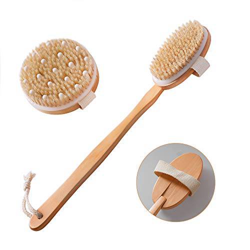 Dry Brushing Body Brush Set of 2, Natural Bristle Dry Skin Exfoliating Brush, Long Handle Back Scrubber for Shower, Dry Brush for Cellulite and Lymphatic Massage, Improve Blood Circulation