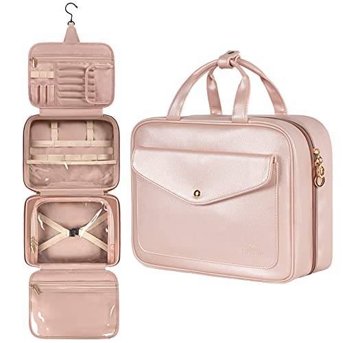 Toiletry Bag, Hanging Travel Makeup Bag for Women, Large Waterproof Cosmetic Bags Travel Organizer Full Sized Container with Elastic Band Holders for Toiletries, Cosmetics, Brushes, Bottle, Pink