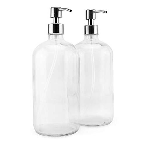 Cornucopia 32oz Glass Pump Bottles with Stainless Steel Pump (2-Pack, Clear) Economy Size Soap Dispenser for Massage Oils, Lotions, Liquid Soaps