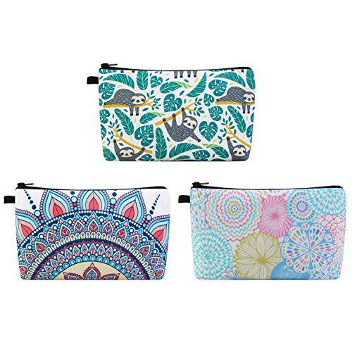 MAGEFY Makeup Bag 3 Styles Portable Travel Cosmetic Bag for Women Flower Patterns Small Toiletry Bag Sloth Gifts for Women Makeup Pouch for Girls with Black Zipper Pouch (3 packs)