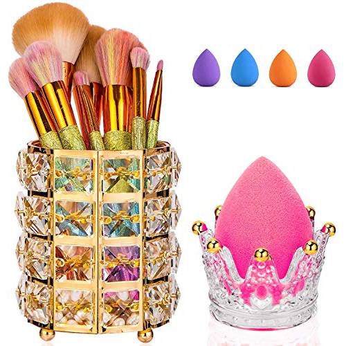 Cosmetic Brushes Organizer Cosmetics Holder- Acrylic Makeup Brush Holder,Clear Glass Sponge Blender Holder with Gold Tips-2 PACK