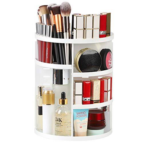 Syntus 360 Rotating Makeup Organizer, DIY Adjustable Bathroom Makeup Carousel Spinning Holder Rack, Large Capacity Cosmetics Storage Box Vanity Shelf Countertop, Fits Makeup Brushes, Lipsticks, White