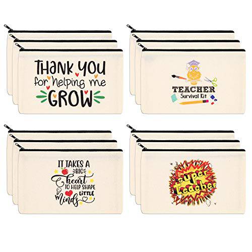PARBEE Teacher Gift Makeup Bag, 12PCS Canvas Cosmetic Pouch Zippered Toiletry Bags Pencil Case, Appreciation Gifts for Teachers