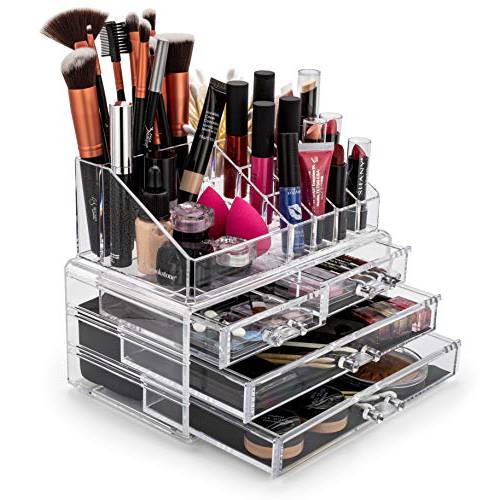 Brookstone Makeup Organizer for Vanity, Cosmetic Display Case with Drawers, Fits Brushes, Lipsticks, and Other Accessories, Versatile Storage Solution, clear