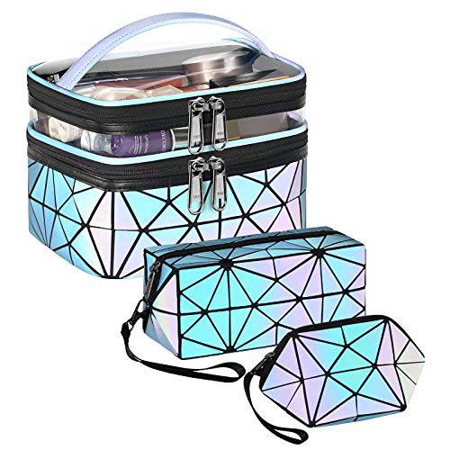MATEIN Travel Makeup Bag Set, Luxury Luminous Geometric Cosmetic Bag for Women, High End Designer Holographic Makeup Bags Organizer Set, Double Layer Portable Multifunctional Toiletry Bags Set