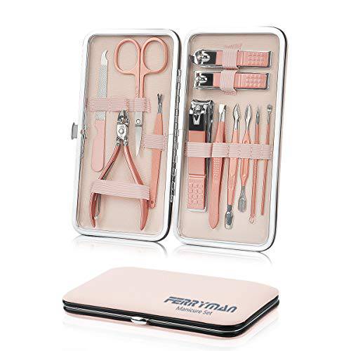 Manicure Set for Women, MOMSIV 12pcs Professional Nail Clippers Kit Stainless Steel Pedicure Care Grooming Tools with Luxury Travel Case for Girl Ladies - Pink